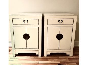 Pair Of Distressed Cream Oriental Console Cabinets