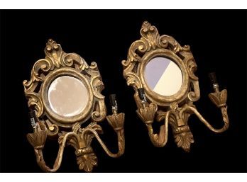 Pair Of Carved Wooden Gilt Mirrored Sconces