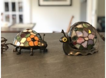 Stained Glass Lady Bug And Snail Lamps