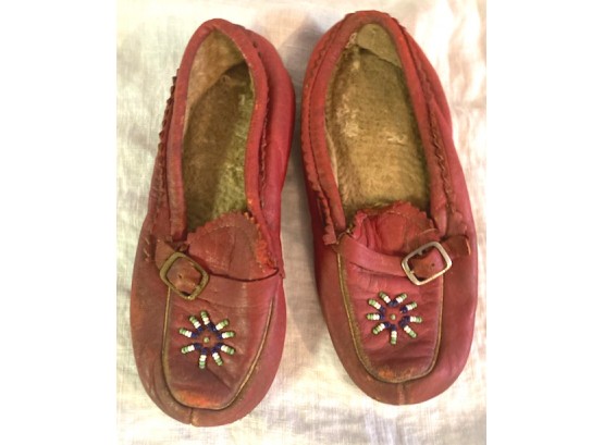 Pair Of Old Red Leather Moccassins With Beadwork