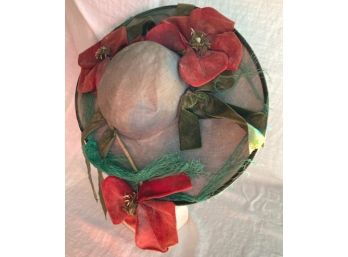 Astounding Antique Wide Brim Hat, Green With Red Ribbons & Bows, 'Walter Florell, NYC'