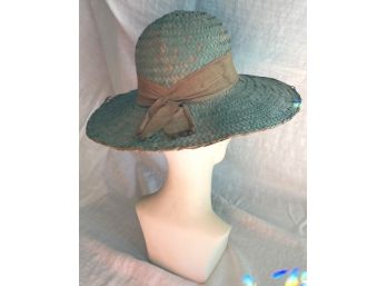 Terrific Antique Straw Hat, Country Green, With Bow In The Back