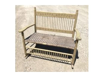 Fabulous Antique Porch Settee Rocker, Hickory Seat, Spoon Carved Decoration