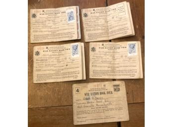 FIVE WW II WAR RATION BOOKS WITH STAMPS, 1943