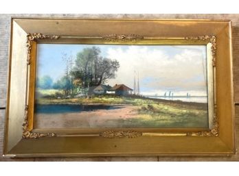 Handsome Framed Print Or Pastel Of A Cottage By The Sea, Great Frame