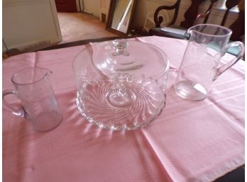 Glass Fancy Cake Dish With Cover W/2 Pitchers