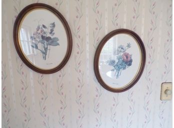 Pair Of Oval Floral Prints In Wood Frames