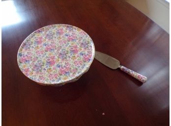 Floral Cake Dish With Matching Knife