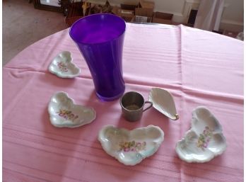 Purple Vase With Four German Porcelain Dishes