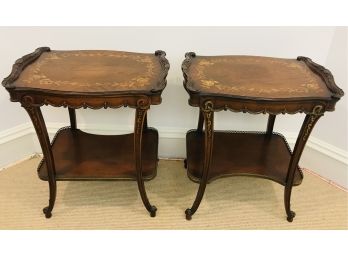 Pair Of Vintage Wooden End Tables With Floral Inlay