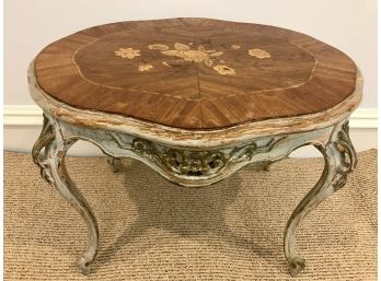 Vintage Wooden Table With Floral Inlay And Painted Distressed Look