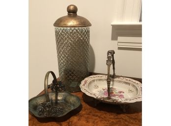 Pair Of Ornate Baskets With Handles And Tall Jar From Sterling Industries