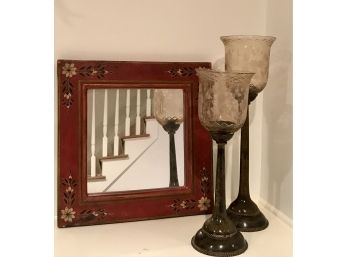 ANTHROPOLOGIE Mirror And Pair Of POTTRTY BARN Candle Holders