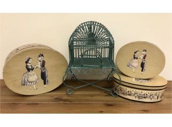 Decorative Wired Birdcage And Vintage Scene Boxes