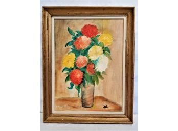 Vintage Framed Oil Painting  Flowers In A Vase Signed By Artist