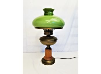 Vintage Brass Electric Hurricane Lamp With Green Milk Glass Shade