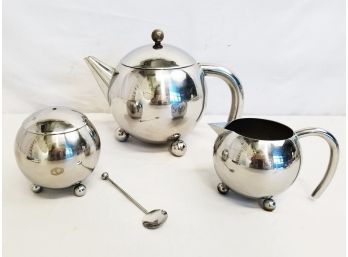 MCM Atomic Style Stainless Steel Footed Teapot Set With Infused Spoon