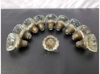 10 Antique 12 Point Glass Door Knobs With Brass Base