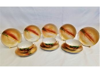 Vintage 1950's Set Of Hand Painted House Scene, Japanese Porcelain Tea Cups And Saucers