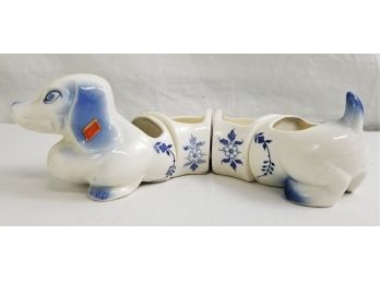 Four Piece Vintage Blue Willow Dachshund Dog Planter - Made In Japan