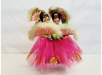 Vintage Twin Japanese Oriental Pose Dolls With Fans