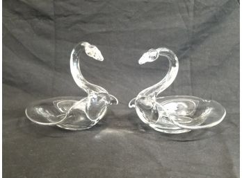 Two Clear Glass Swans Candy/Nut Dishes