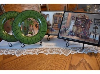 Two Prints And Two Decorative Painted Plates