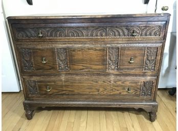 Carved Face 3 Drawer Wood Dresser W/ Brass Handles 45x31x36