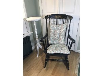 Handpainted Stenciled Wooden Rocking Chair With Cushions 25x29x39 And White Wood Stand - Cracked 38'