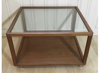 Mid Century Style Glass & Wood Cocktail Table.