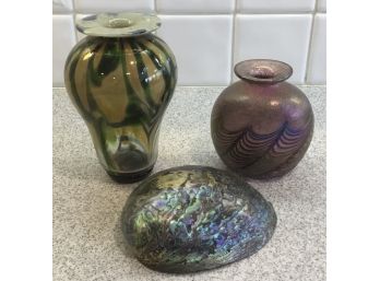 Trio Of Handblown Iridescent Vases & Shell