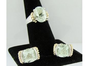 Lorenzo 18k Yellow Gold And Sterling Silver Green Amethyst Ring & Earrings Set