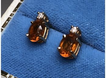 Beautiful Vintage 14kt Gold & Citrine Earrings With Accent Diamonds - Very Pretty Pair - Nice Gift Item