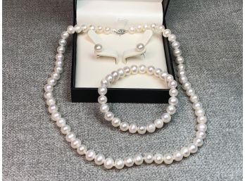 Fabulous $695 Retail Baroque Pearl Necklace - Earrings & Bracelet - With Sterling Clasp & Mounts - From Macy's