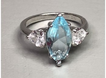 Fabulous Sterling Silver / 925 Ring With Large Marquis Cut Aquamarine With White Topaz - Great Gift Idea !