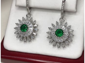 Lovely Pair Sterling Silver / 925 Earrings With Green Russian Diopside & White Topaz - Great Gift Idea !