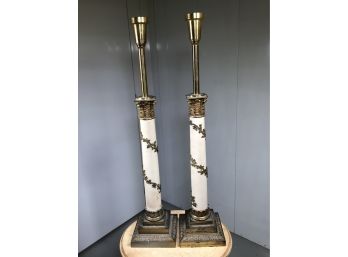 Fabulous Pair Of Tall French Style Column Lamps - Mostly Brass - These Are LARGE LAMPS 33' To  The Top