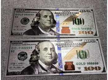 Two Silver $100 Bills - Actual Silver Foil Sealed In Mylar - VERY COOL Collectible Pieces - NOT US Currency