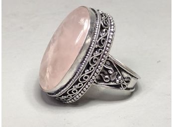 Very Pretty Sterling Silver / 925 Cocktail Ring With Large Rose Quartz - Very Nice Ring - New / Unworn