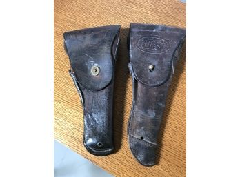 Two Amazing GENUINE American / Civil War Original Leather Gun Holsters One With US Mark - Estate Fresh - Wow !