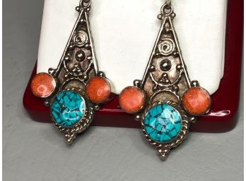 Amazing All Hand Made Sterling Silver / 925 Earrings With Turquoise & Coral Inlays - All Hand Made In Nepal