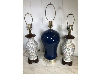 Group Lot Of Three (3) Asian Style Lamps - One Matched Pair Of Lamps Plus One Blue Lamp - GREAT LOT !
