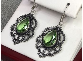 Adorable Sterling Silver / 925 Earring With Green Tsavorite Stones - Pretty Pair With Lovely Silver Work
