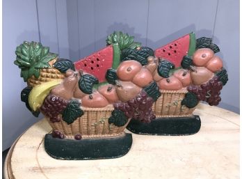 Lovely Pair Of Fruit Basket Cast Iron Doorstops - Antique Style - Great Decorator Item - All Hand Painted