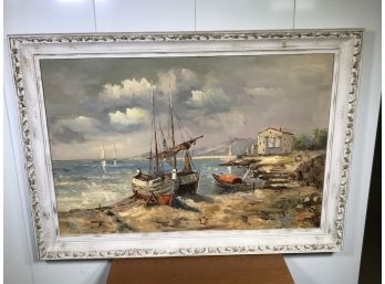 Fantastic Large Vintage / Antique Oil On Canvas Of Boats & Shoreline - LARGE PIECE 42' X 30' - Nice Piece !