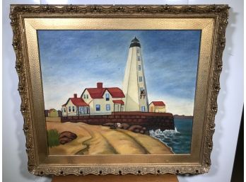 Fantastic Large Antique Oil On Canvas Painting LIGHTHOUSE AT SAYBROOK - Estate Fresh - Artist Richard M Smith