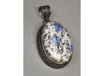 Fabulous Large Genuine African Azurite Pendant With Ornate Sterling Silver / 925 Frame - Fantastic Piece !