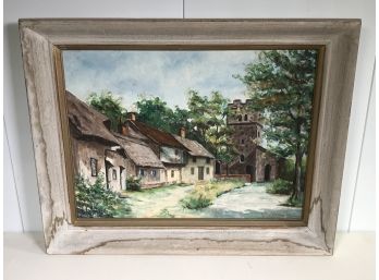 Fabulous Antique Oil On Board Painting By Louise Walton - Charming Scene With Houses / Buildings - Nice !