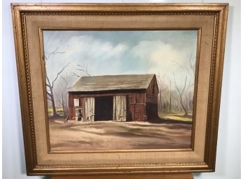Very Nice Antique / Vintage Oil On Canvas Painting - Barn & Trees - Attic Fresh - Barn Is In Old Saybrook CT