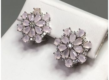Fabulous Sterling Silver Earrings With Rosequartz Stones & White Topaz - Very Pretty Pair - New / Unused